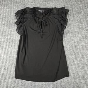 Adrianna Papell Blouse Womens M Black Ruffle Sleeve Swiss Dot Sheer Flutter Top